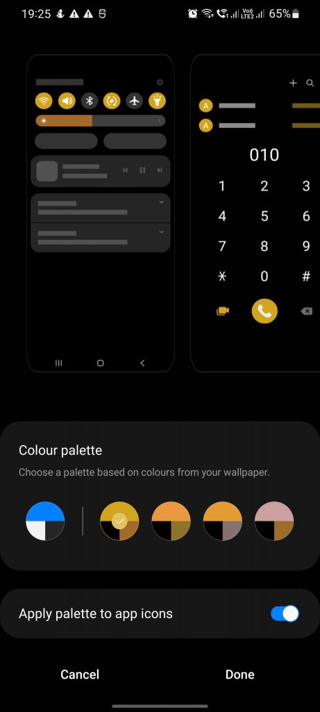 Samsung Galaxy S21 Ultra One UI 4.0 Material You Colour Palette Selection