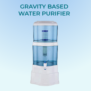 a gravity based water purifier with a blue and white container